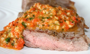 Steak with red chimichurri
